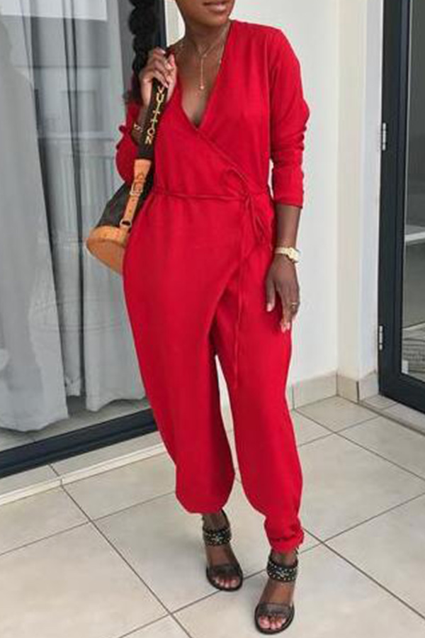 

Lovely Casual V Neck Red One-piece Jumpsuit