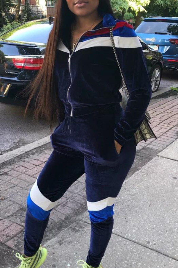 Lovely Sportswear Patchwork Deep Blue Two-piece Pants Set