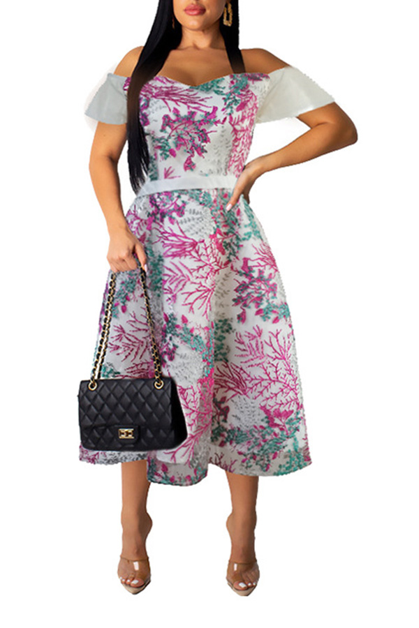 

Lovely Sweet Dew Shoulder Printed Red Mid Calf Dress