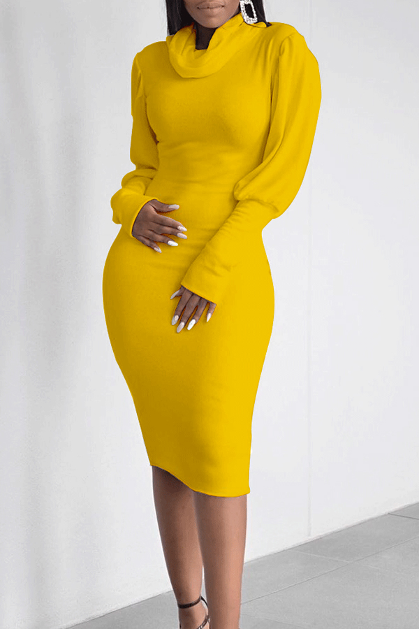 

Lovely Casual Turtleneck Ruffle Design Yellow Knee Length Dress