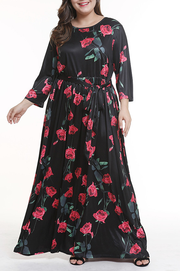 

Lovely Casual Floral Printed Red Ankle Length Plus Size Dress