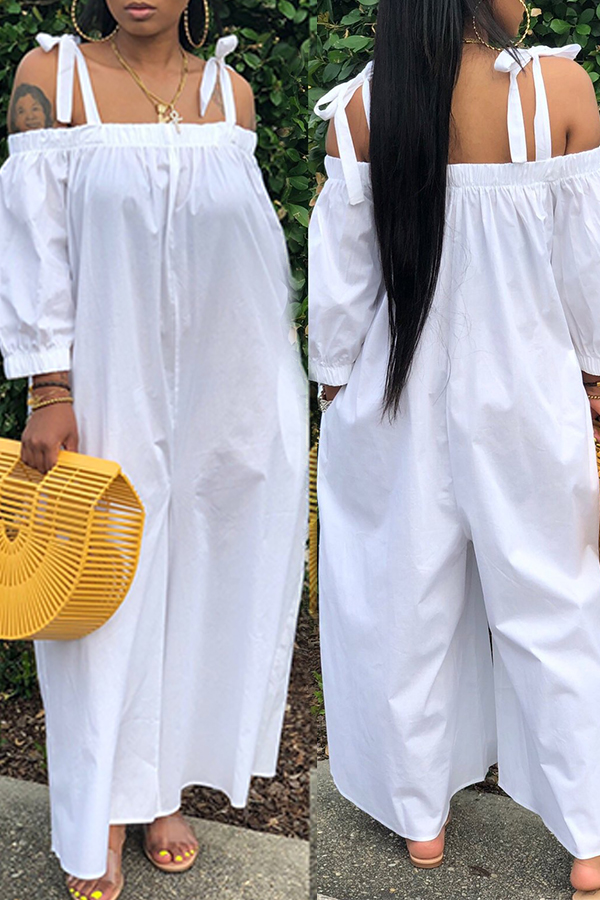 

Lovely Leisure Lace-up Loose White One-piece Jumpsuit