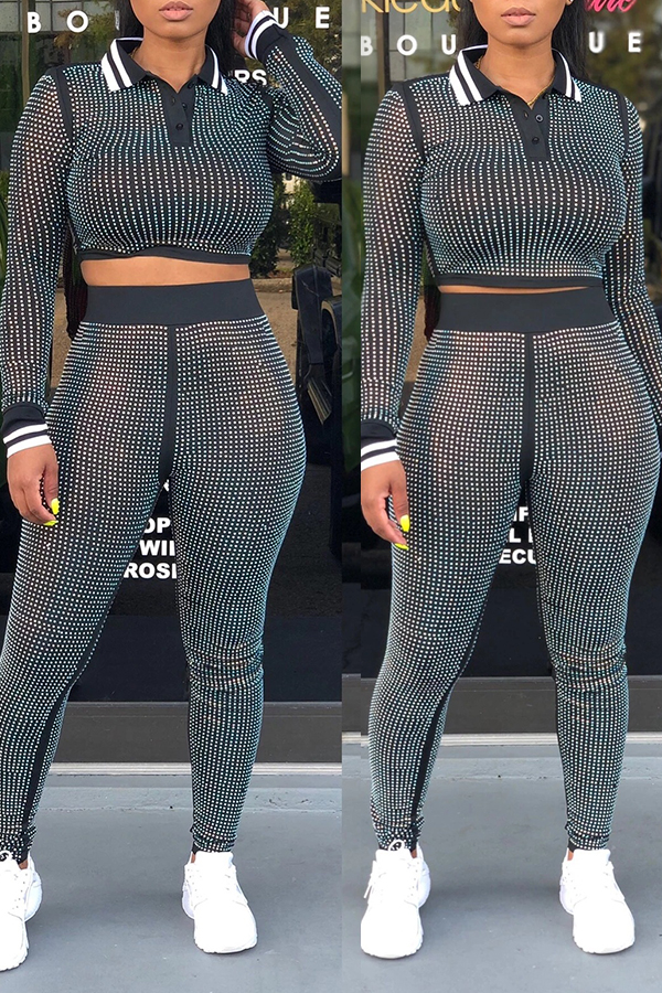 Lovely Casual Turndown Collar Hot Drilling Decorative Black Two-piece Pants Set