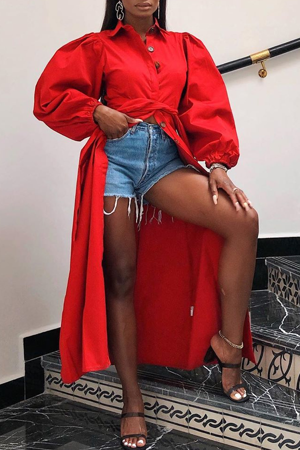 

Lovely Chic Button Design Long Red Blouse