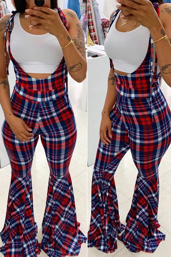 LW Plaid Print Flared Overall Jumpsuit