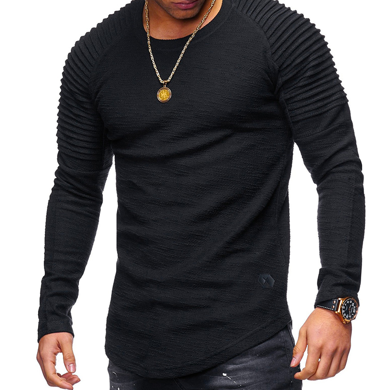 Men Lovely Casual O Neck Ruffle Design Black T-shirt