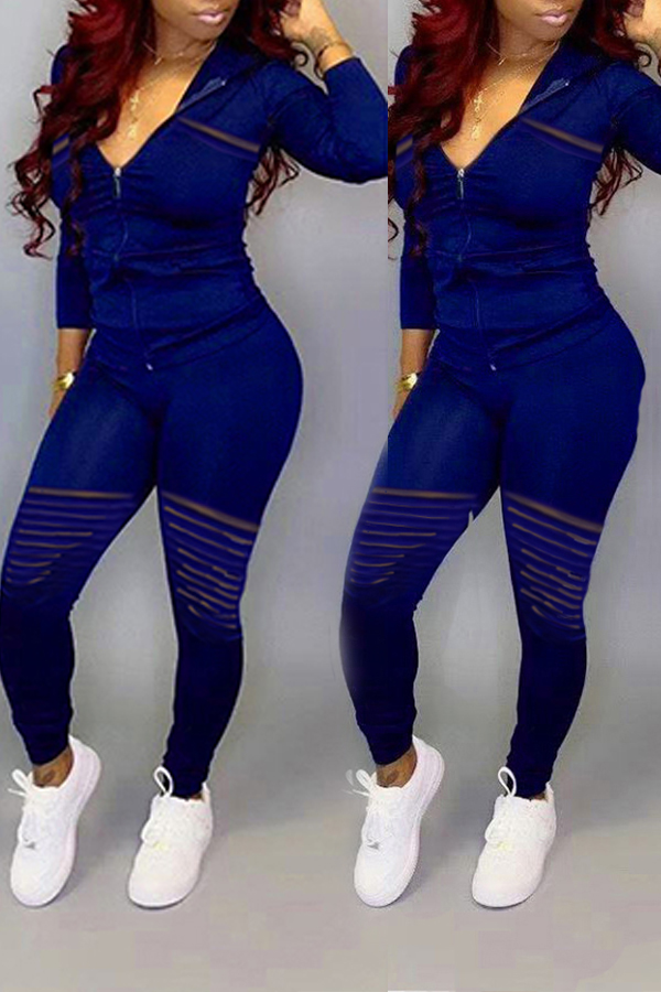 

Lovely Casual Turndown Collar Patchwork Dark Blue Two-piece Pants Set