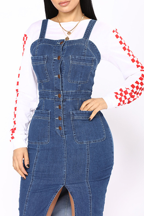 Lovely Casual Buttons Design Blue Knee Length Dress