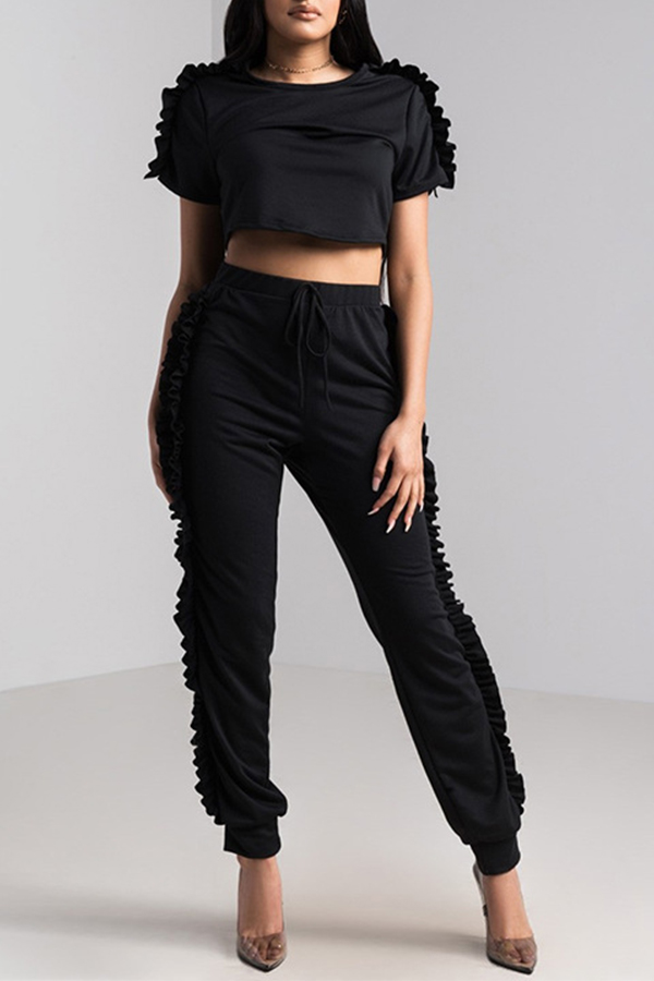 

Lovely Casual O Neck Flounce Design Black Two-piece Pants Set