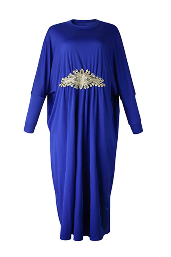 

Lovely Casual O Neck Embroidered Design Blue Ankle Length Plus Size Dress