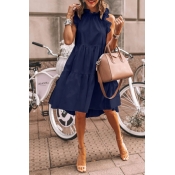 Lovely Flounce Design Dark Blue Knee Length Dress
