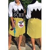 Lovely Casual Turndown Collar Patchwork White Knee