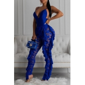 Lovely Sexy Patchwork Blue One-piece Jumpsuit