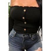 Lovely Trendy Off The Shoulder Buttons Design Blac
