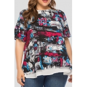 Lovely Casual Printed Red Plus Size T-shirt