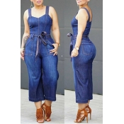 Lovely Casual Pocket Patched Deep Blue One-piece J