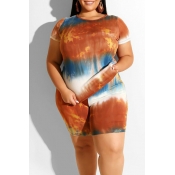 Lovely Casual O Neck Printed Orange Plus Size Two-