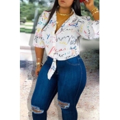 LW Casual Turndown Collar Printed White Blouse