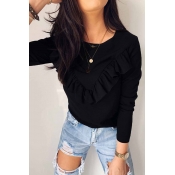 Lovely Casual Flounce Design Black Blouse