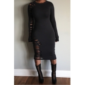 Lovely Casual Hollow-out Black Mid Calf Dress