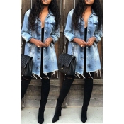 Lovely Casual Raw Edge Baby Blue Denim Coat