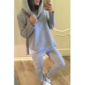 Lovely Leisure Hooded Collar Basic Grey Two-piece 