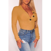 Lovely Casual Buttons Decorative Yellow Bodysuit