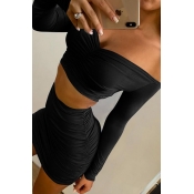 Lovely Casual Dew Shoulder Black Two-piece Skirt S