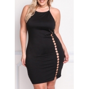 Lovely Trendy Hollow-out Black Mini Plus Size Dres