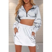 Lovely Casual Hooded Collar Grey Two-piece Skirt S