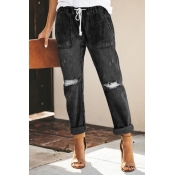 Lovely Casual Broken Holes Black Jeans