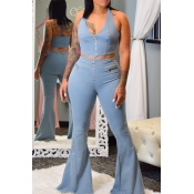 Lovely Chic Zipper Design Blue Two-piece Pants Set