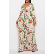 Lovely Casual V Neck Floral Printed Green Ankle Le