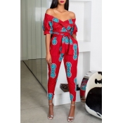 Lovely Temperament V Neck Printed Red One-piece Ju