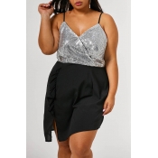 Lovely Casual Patchwork Sliver Plus Size Mini Dres