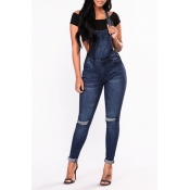 Lovely Casual Broken Holes Deep Blue Denim One-pie