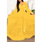 Lovely Sweet Lace-up Yellow Floor Length Dress