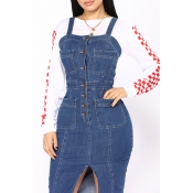 Lovely Casual Buttons Design Blue Knee Length Dres