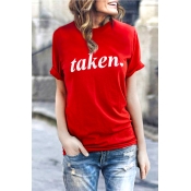 Lovely Casual Round Neck Letters Printed Red Cotto