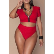 Lovely Zipper Design Red Plus Size Two-piece Swimw