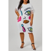 Lovely Casual Printed White Knee Length Plus Size 