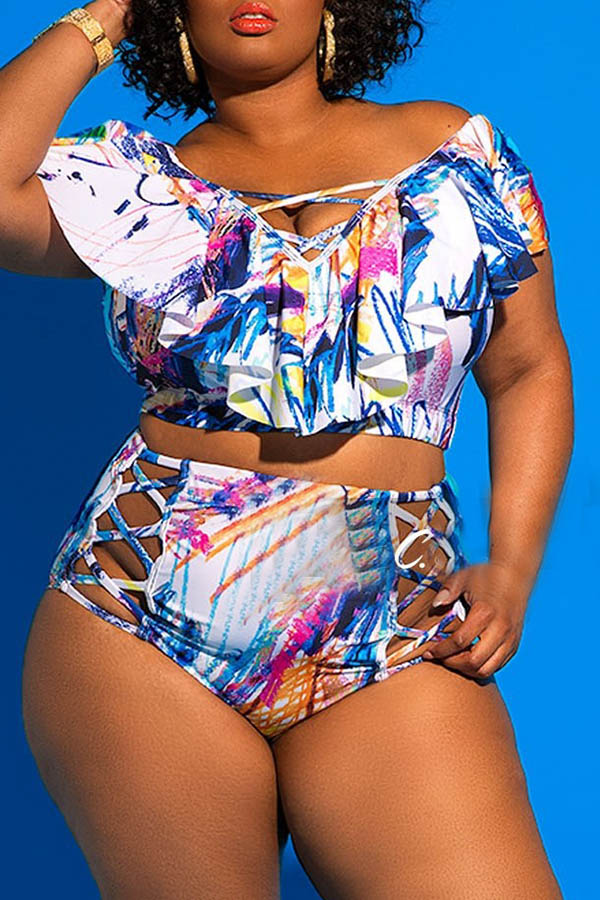 

Lovely Printed Hollow-out White Plus Size Two-piece Swimwear