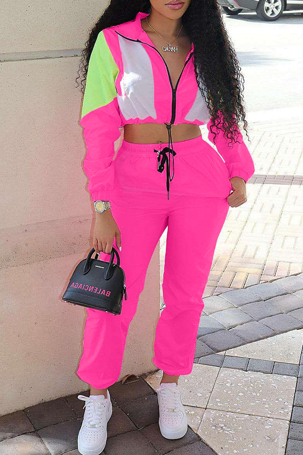 Lovely Casual Turndown Collar Patchwork Pink Two-piece Pants Set