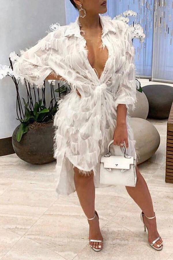 

LW Trendy V Neck Tassel Design White Mid Calf Dress