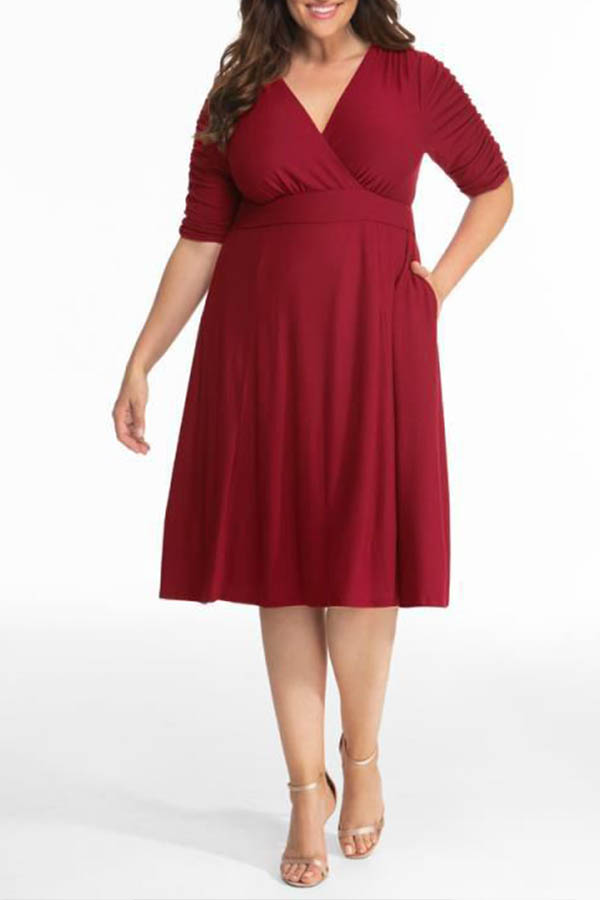 

Lovely Casual V Neck Loose Wine Red Knee Length Plus Size Dress