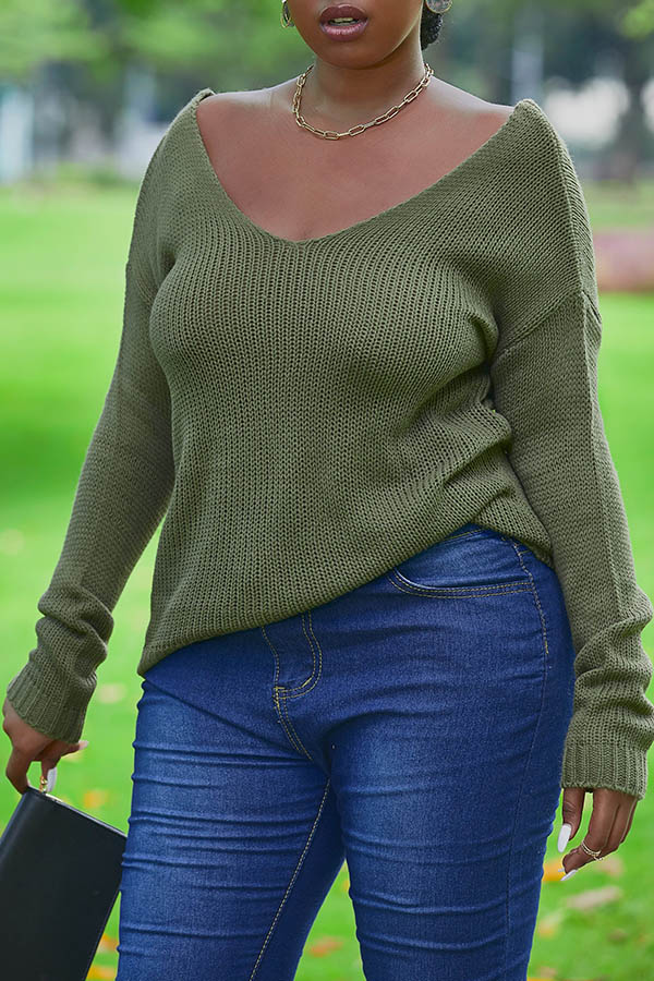 

Lovely Leisure V Neck Army Green Sweater
