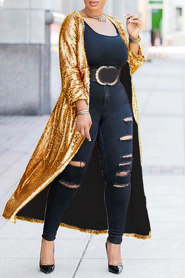Lovely Casual Sequined Gold Coat