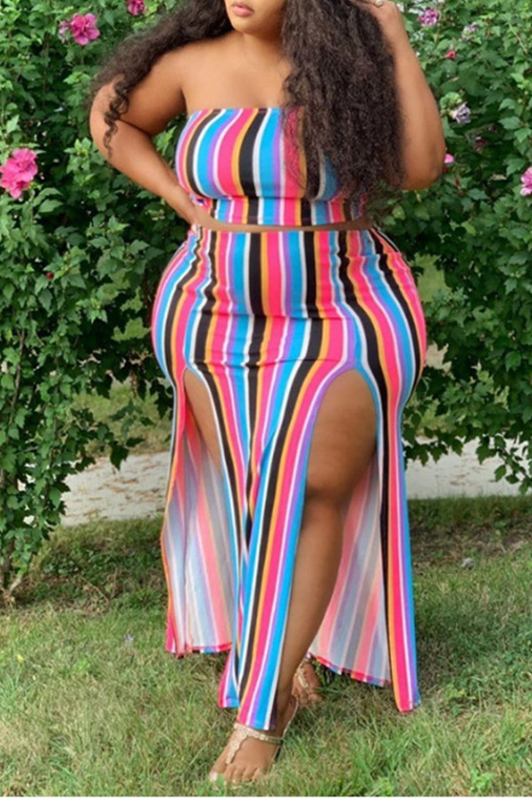 

Lovely Casual Striped Red Purple Size Two-piece Skirt Set