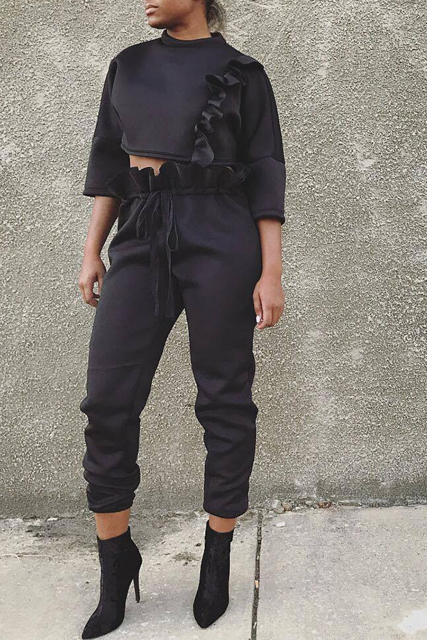 

Lovely Street Flounce Patchwork Black Two-piece Pants Set