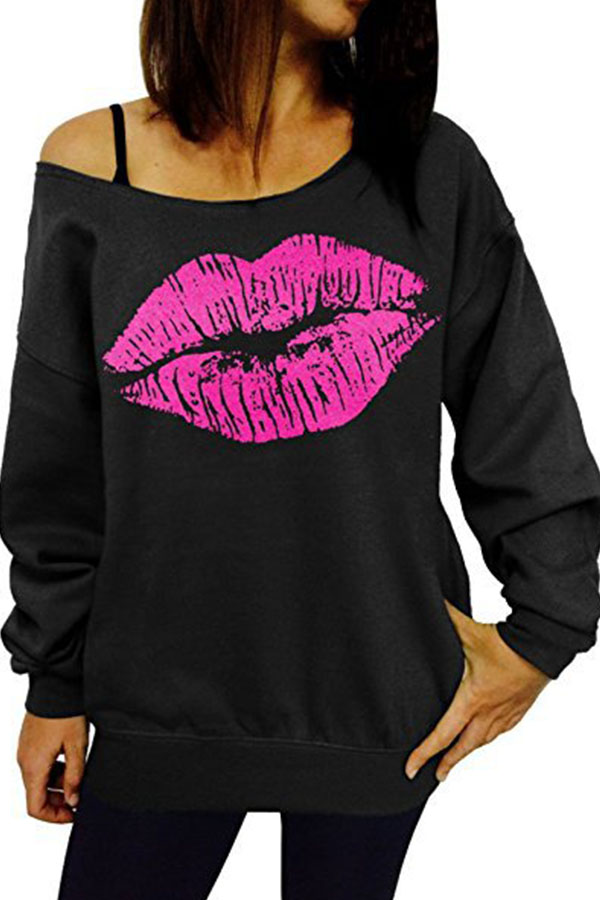 

Lovely Casual Lip Printed Black Sweatshirt Hoodie